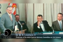 Dr. Lovelace (far left) describing the rigorous testing he designed to select the astronauts at a press conference introducing the Mercury Seven, America’s first astronauts.